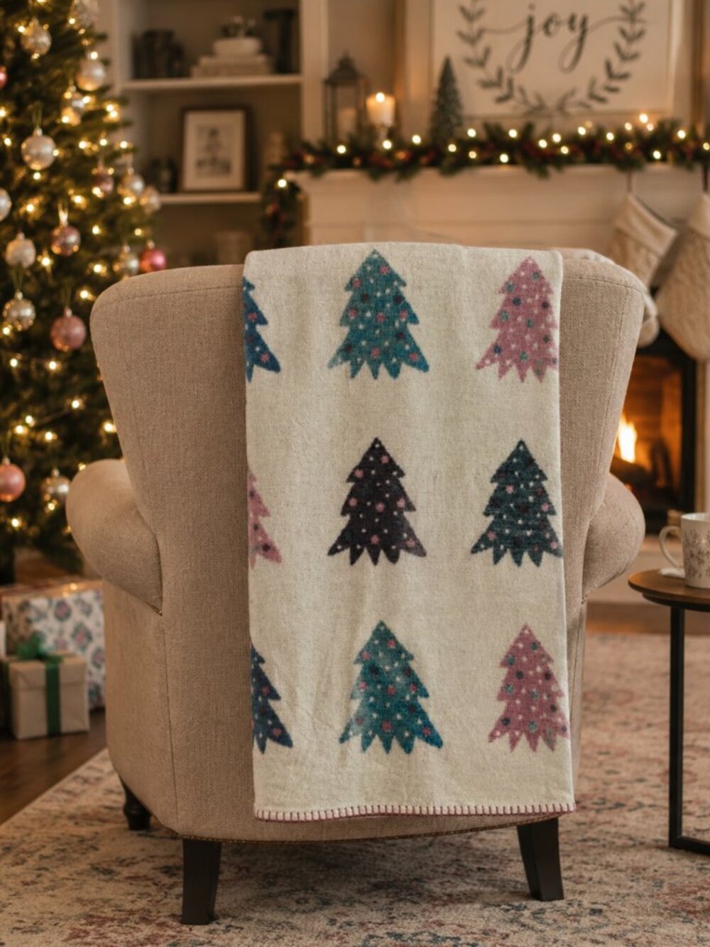 NWT - Docofil - Made in Portugal - Reversible Multi-Color Holiday Trees Throw